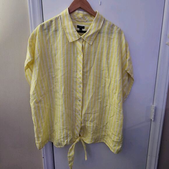 Talbots Linen Blouse Womens Plus 3X Yellow Boxy Cropped Tie Beachy Spring Island - Picture 1 of 6